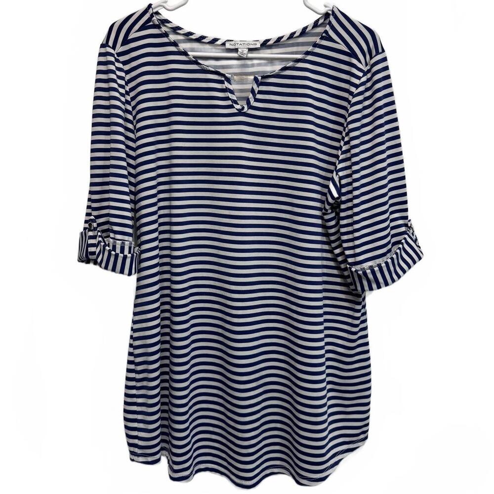 Notations Blue and White Striped Nautical Keyhole Blouse Plus Size XL